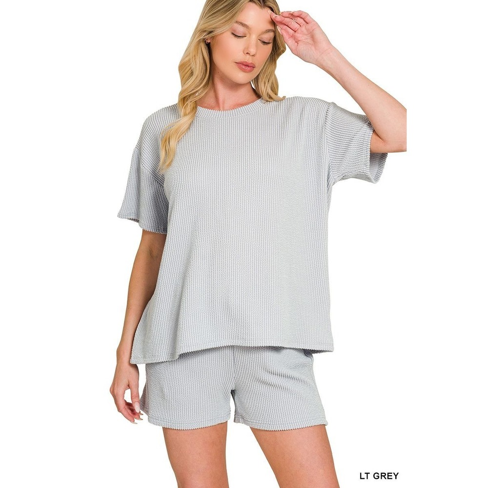 373-XL Raised Rib Short Sleeve Tee and Short Set Lt Grey